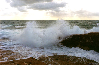 Livorno, mare increspato sugli scogli nei pressi del Castel Boccale (secondo sentiero dopo il Boccale, venendo da Livorno). Foto: dicembre 2005 nel giorno di una forte libecciata.