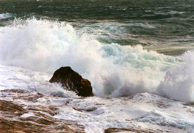 Livorno, mare increspato sugli scogli nei pressi del Castel Boccale (secondo sentiero dopo il Boccale, venendo da Livorno). Foto: dicembre 2005 nel giorno di una forte libecciata.